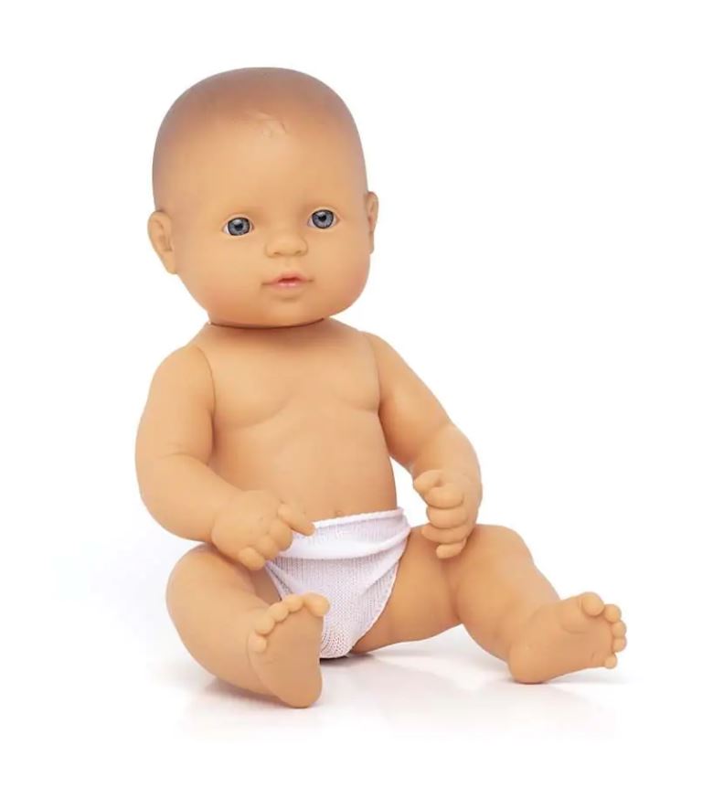 Európai baba - fiú, kopasz, fürdethető, 32 cm 10 hó+